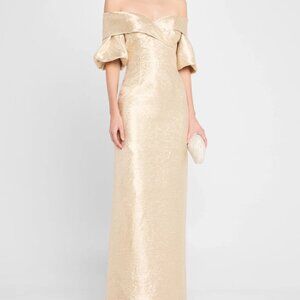 NWT Rickie Freeman for Teri Jon Off-Shoulder Metallic Elegant Gold Women's Dress